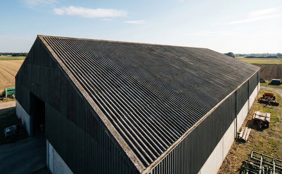 Langlebige Dacheindeckung mit grauen Faserzement Wellplatten auf einer Lagerhalle