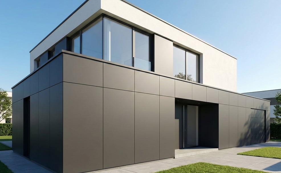 Moderne Fassadengestaltung mit dunklen HPL Schichtstoffplatten
