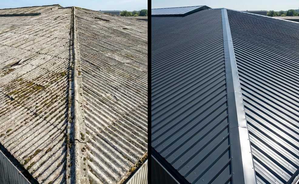 Dachsanierung: Austausch von asbesthaltigen Wellplatten gegen moderne Profilbleche