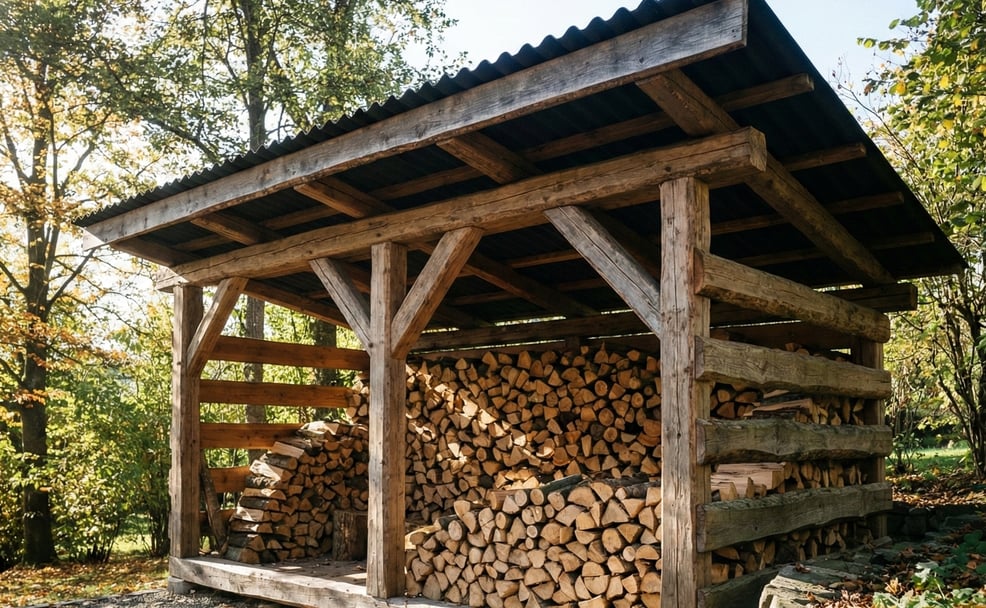 Klassisches Brennholzlager mit Wellblech-Dacheindeckung im Garten