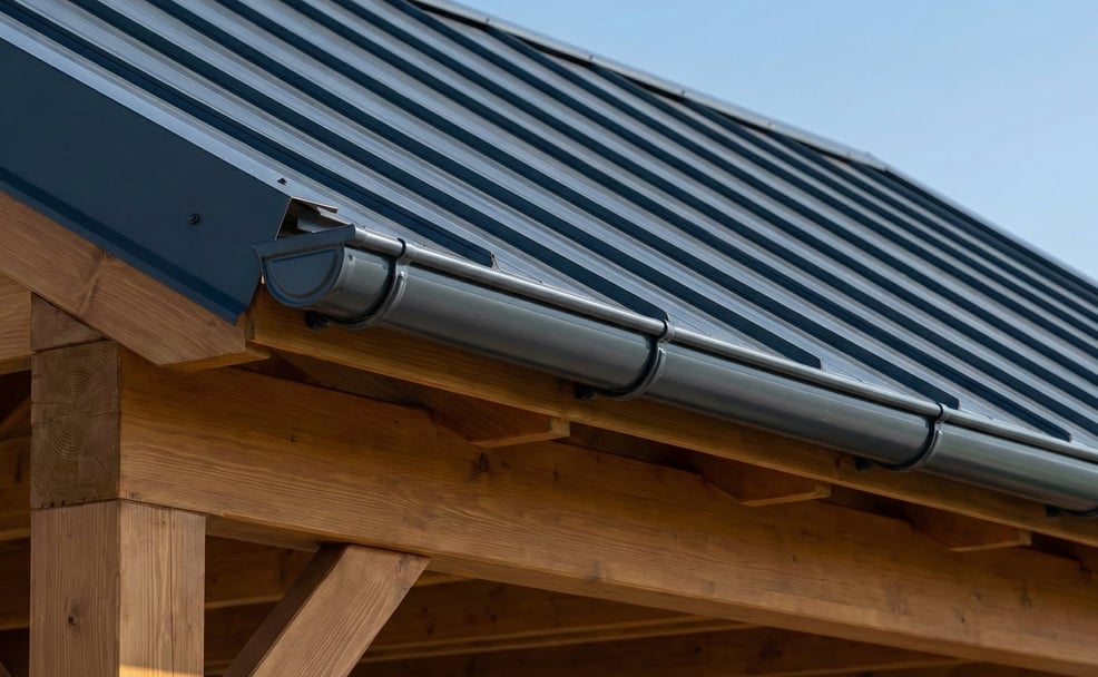 Fachgerecht nachgerüstete Dachrinne an einem Carport mit Trapezblech-Eindeckung