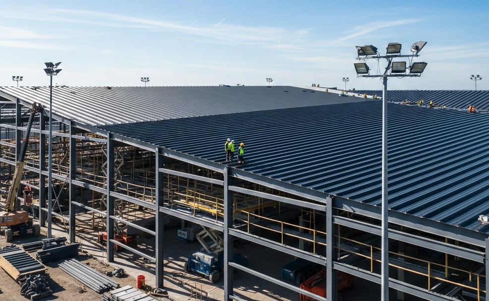 Moderne Industriehalle mit großflächiger Hochprofil-Eindeckung für maximale Belastbarkeit