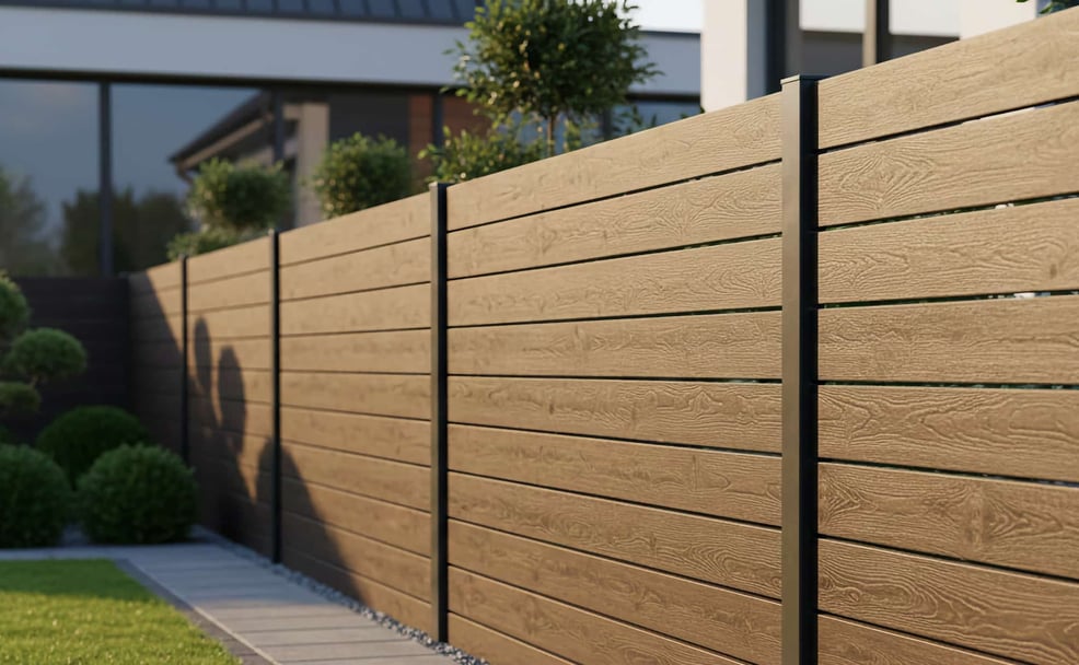 Moderner Sichtschutzzaun aus Trapezblech in täuschend echter Holzoptik