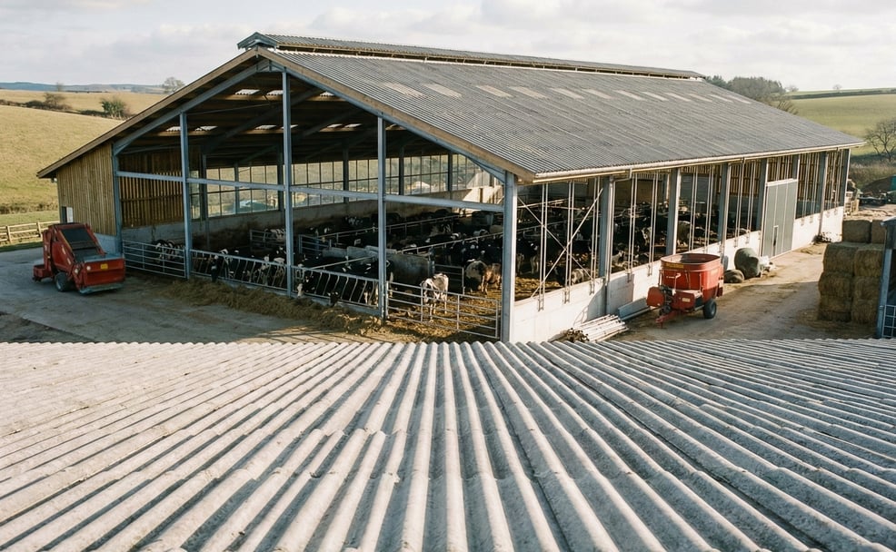 Großflächiges Stalldach mit grauen Faserzement-Wellplatten für optimierte Belüftung