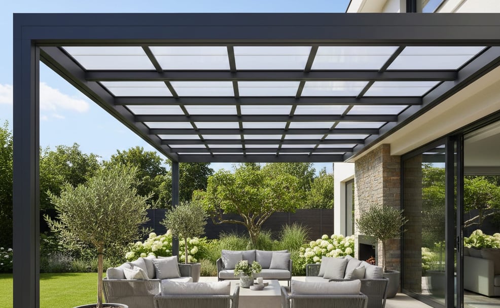 Moderne Terrassenüberdachung mit transparenten Stegplatten und Aluminium-Profilen