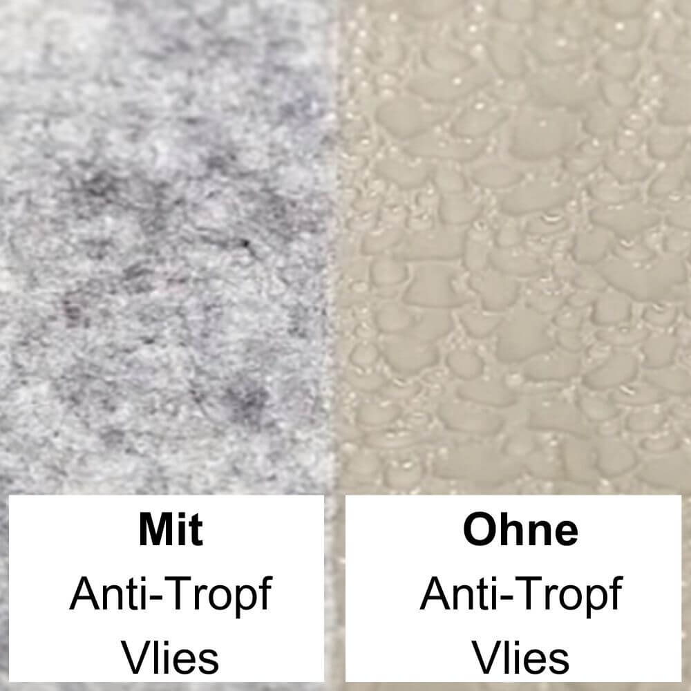 Vergleich der Oberflächen von Stehfalzblechen, links mit Anti-Tropf-Vlies für Kondensschutz, rechts ohne Vlies zeigt Tropfenbildung