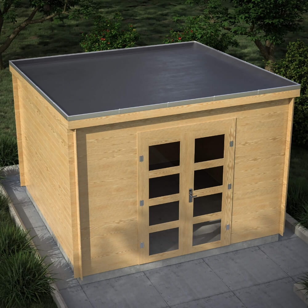 Gartenhaus mit EPDM-Flachdachabdichtung Modernes Holz-Gartenhaus unter grünen Bäumen mit einem nahtlos verlegten EPDM-Flachdach für langanhaltenden Schutz