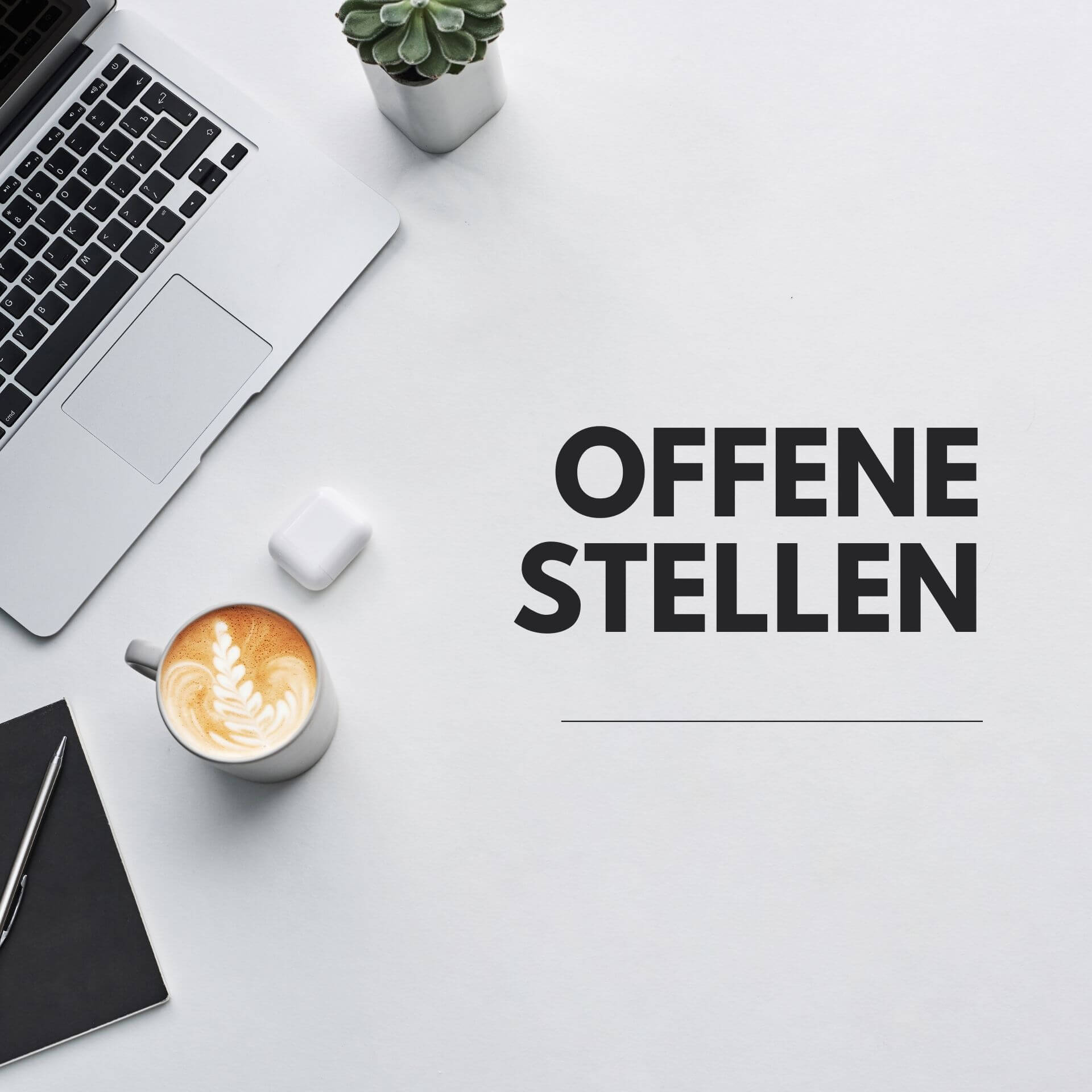 Arbeitsplatz mit Laptop, Notizbuch und Kaffee - Symbol für offene Stellen bei DWZ