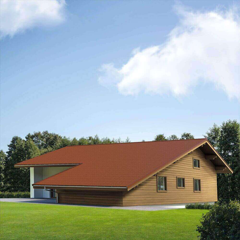 Pfannenblechdach in Kupferbraun – Ästhetik trifft Qualität Modernes Wohnhaus mit kupferbraunem Pfannenblechdach, eingebettet in grüne Landschaft und klaren Himmel