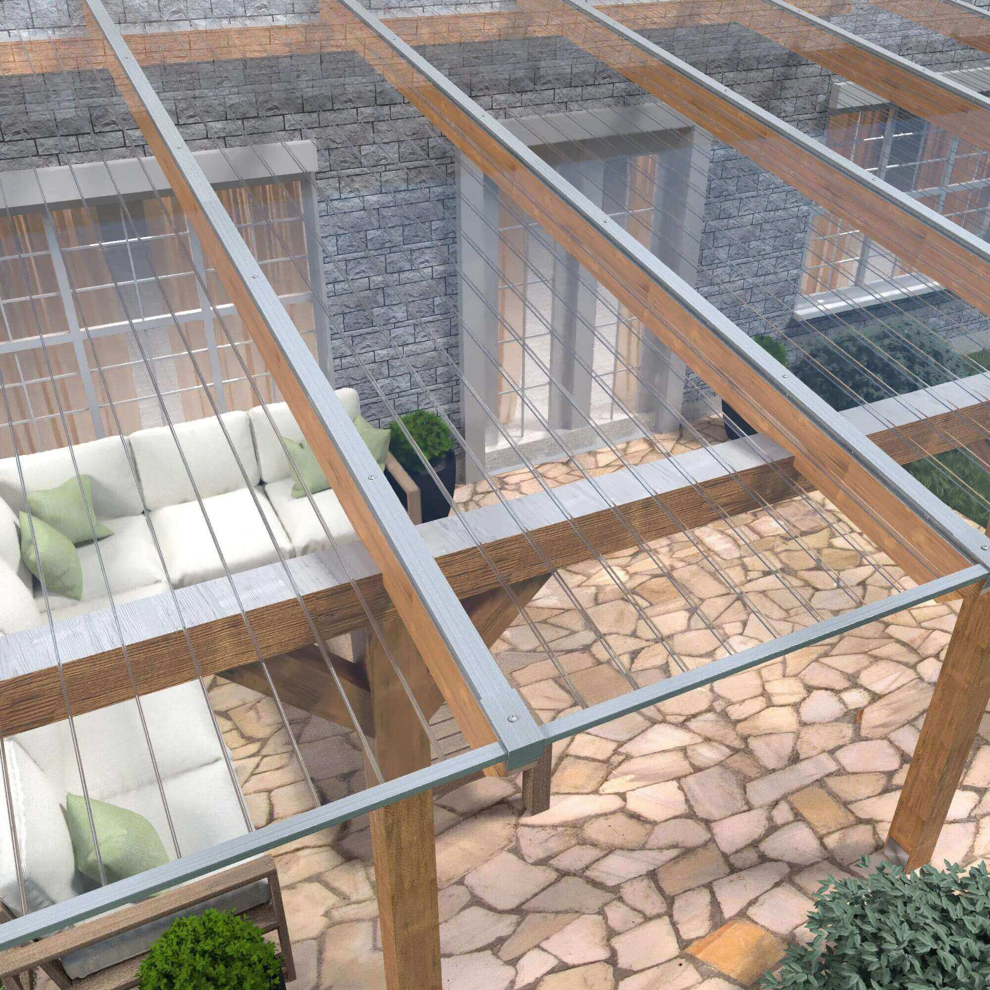 Ansicht einer Terrassenüberdachung mit klaren Stegplatten und Verlegeprofilen, die eine elegante und lichtdurchlässige Konstruktion zeigen