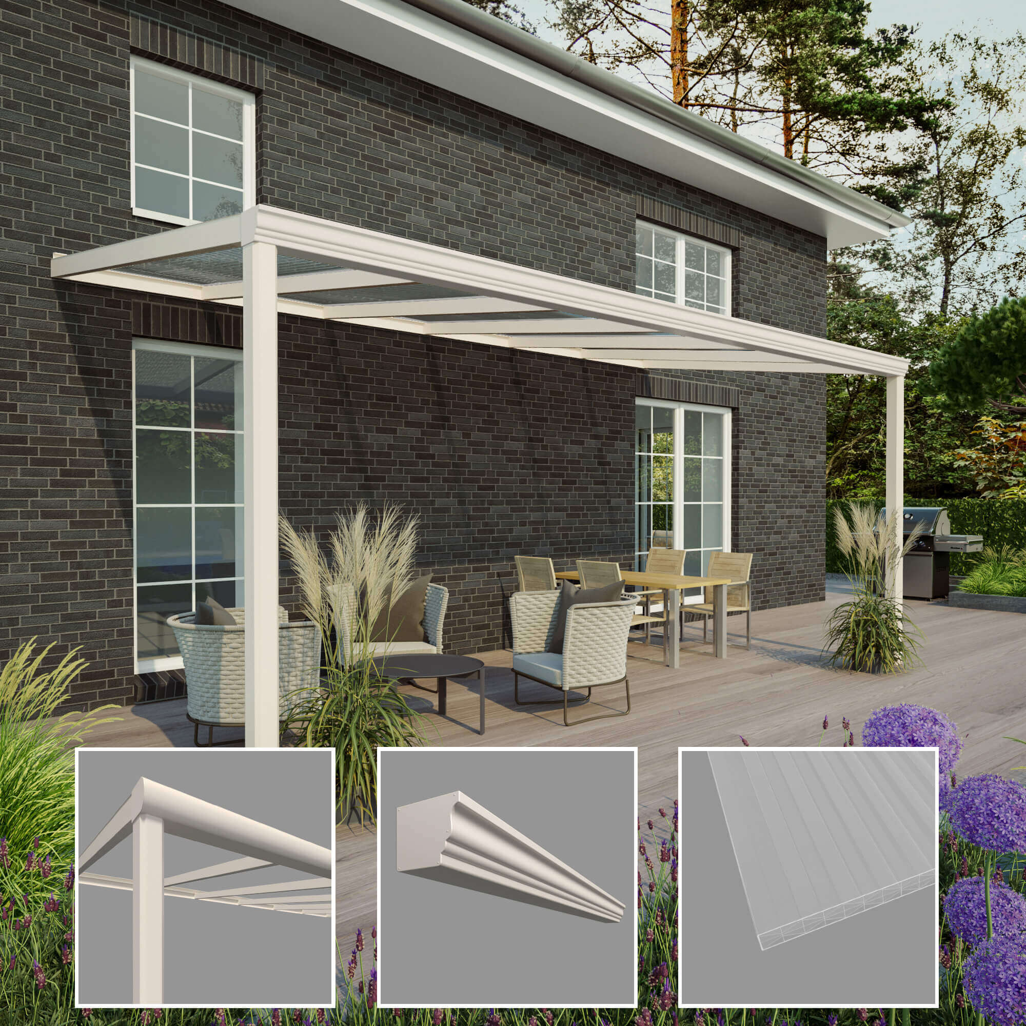 Moderne Terrassenüberdachung in Weiß mit Detailansichten der Anpassungsoptionen wie Dachneigung und Regenrinne