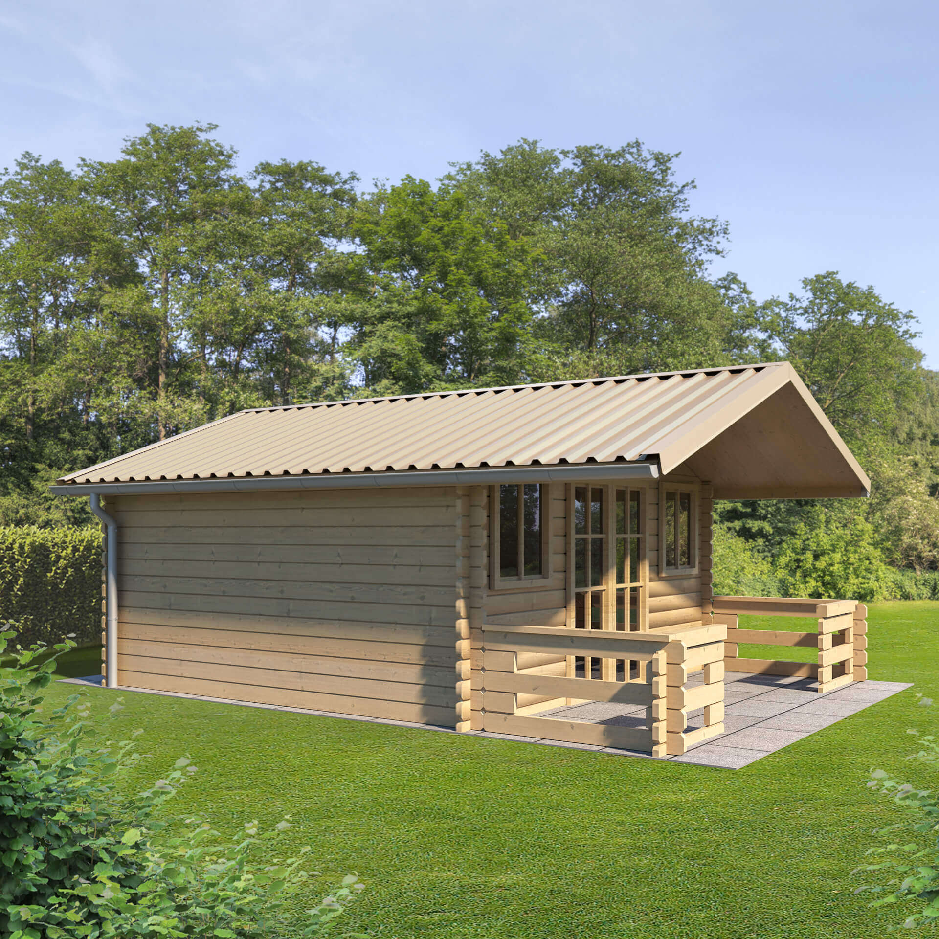Stilvolles Gartenhaus mit robusten Trapezblechen in Hellelfenbein Gartenhaus bedeckt mit Hellelfenbein Trapezblechen, bietet dauerhaften Schutz und ein ästhetisches Erscheinungsbild, umgeben von grüner Landschaft