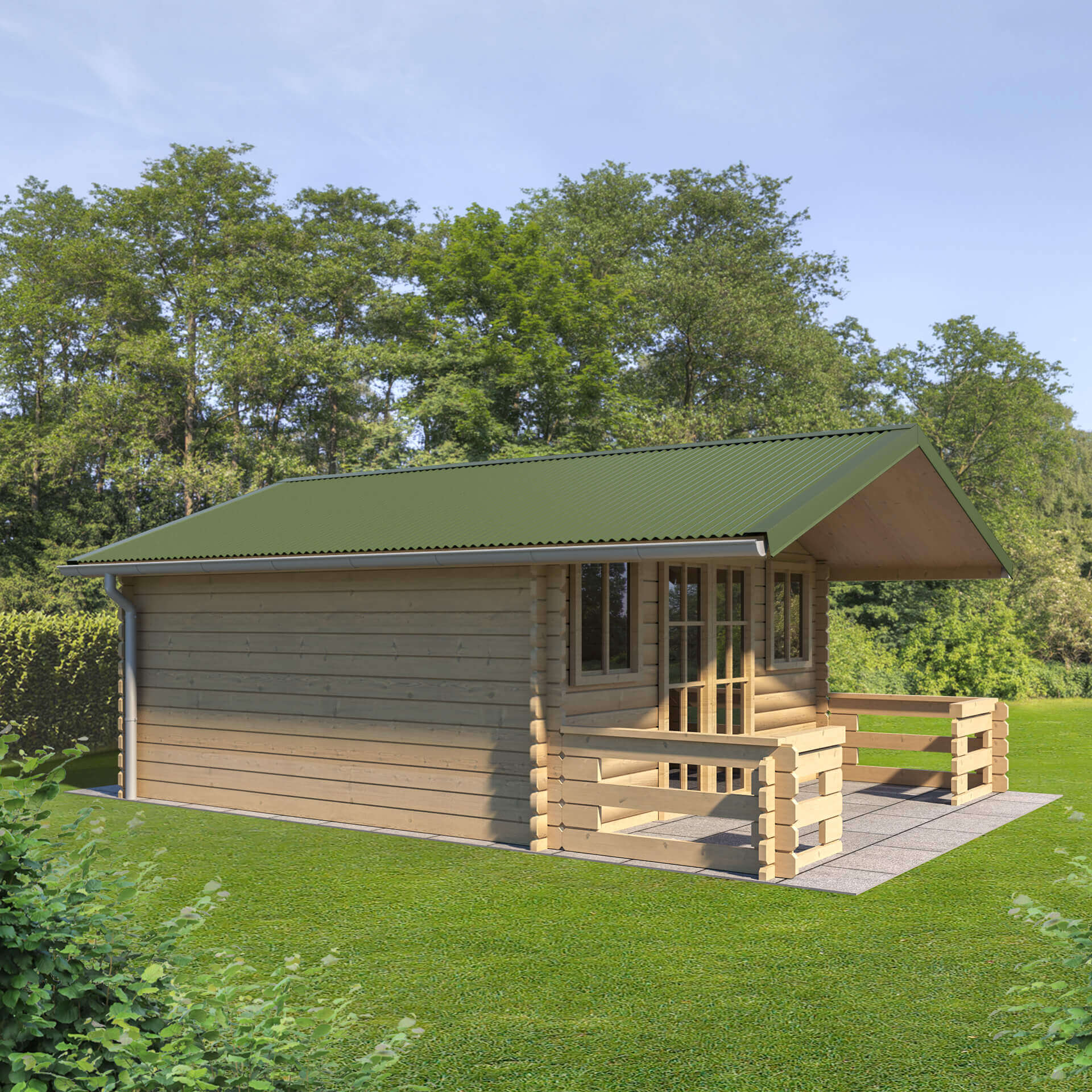 Ein Gartenhaus mit grünen Wellblechen unter klarem Himmel, bietet einen dauerhaften Schutz und eine ästhetische Dachlösung