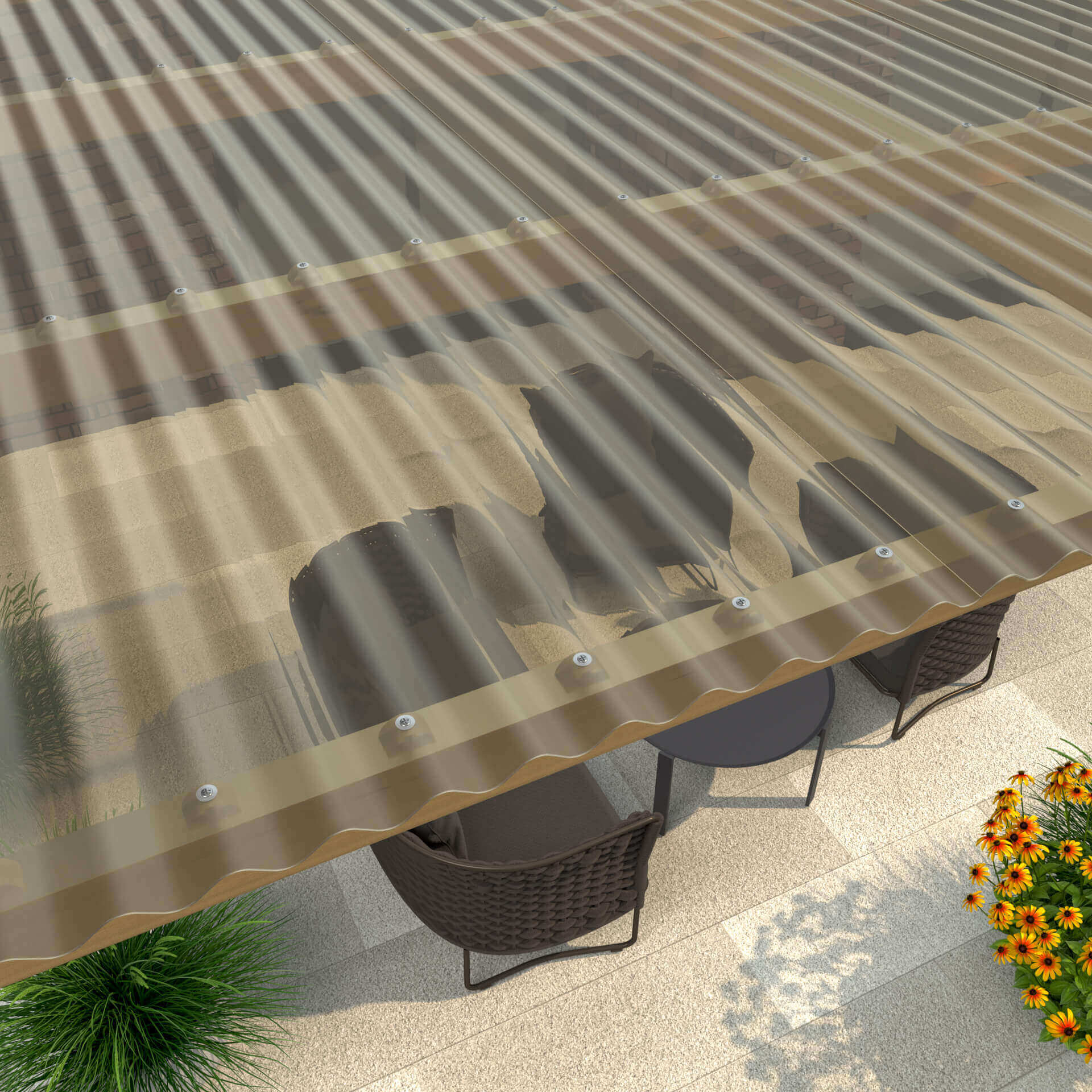 Stilvolle bronze Wellplatten für Terrassenüberdachung – Wetterfest Robuste bronze Wellplatten auf einer Terrasse bieten optimalen Schutz und ein natürliches Farbdesign, ideal zur Integration in Gartenlandschaften