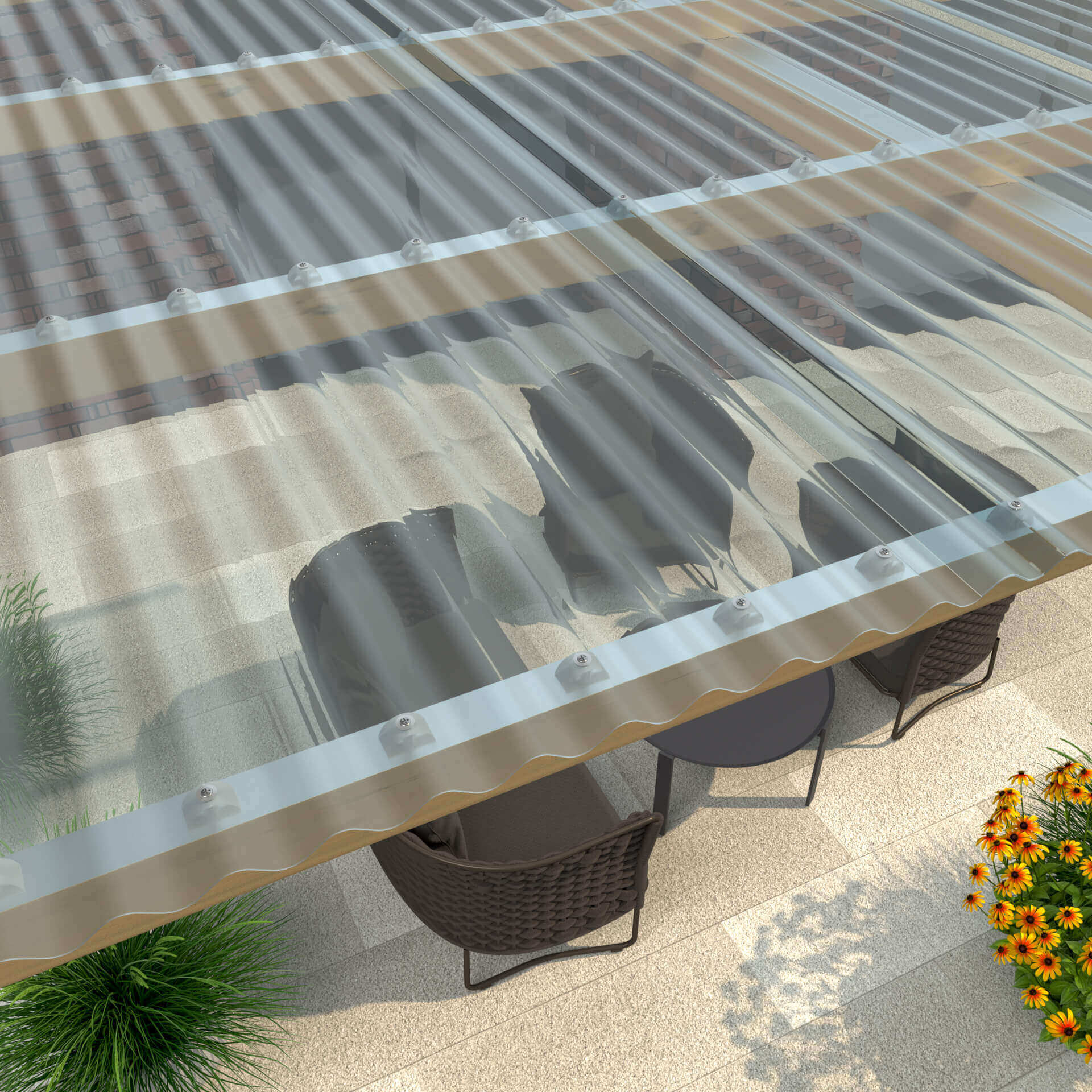 Robuste Wellplatten bieten optimalen Schutz für Terrassen, mit UV-Beständigkeit und hoher Wetterfestigkeit - ideal für ein gemütliches Outdoor-Ambiente